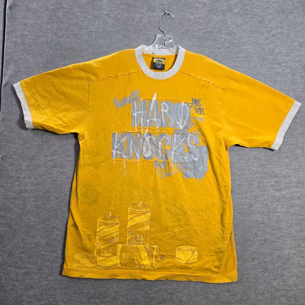VINTAGE Hard Knock Men Shirt XL Yellow Ringer Spray Paint Hip Hop Streetwear Y2K